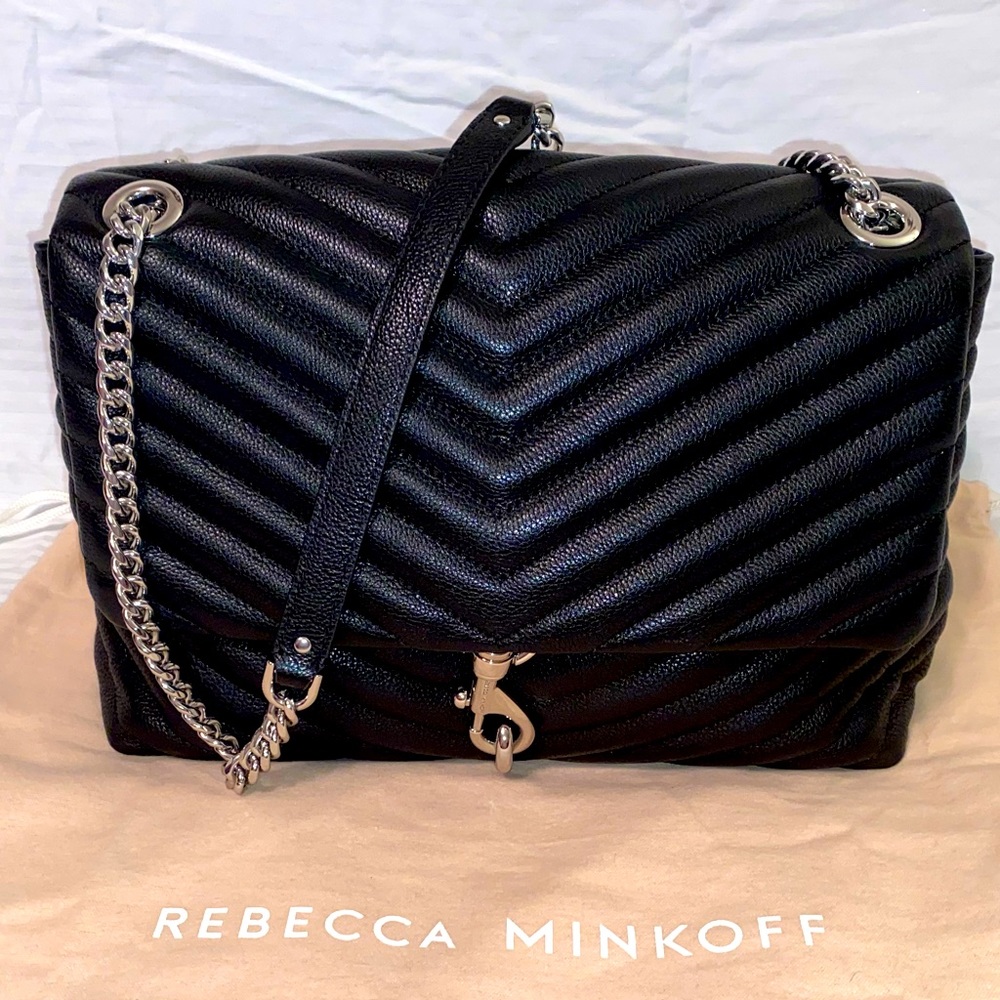 Rebecca Minkoff Edie Flap Leather Shoulder Bag Black with Silver Hardware